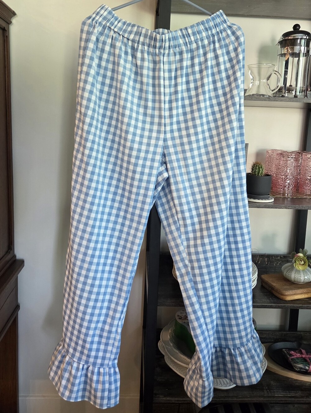 Wide Leg Ankle Crop Gingham Picnic Ruffle Hem Like New 0XL Elastic Waist